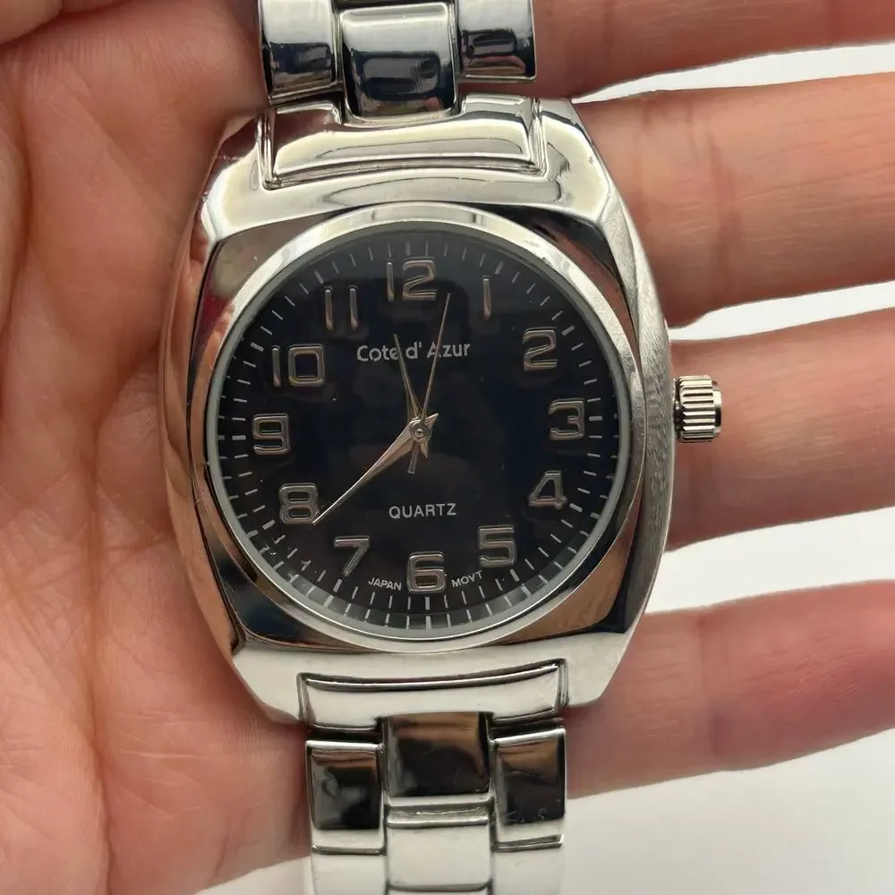 Cote d'Azur Silver Tone Black Dial Stainless Steel Men’s Watch New Battery